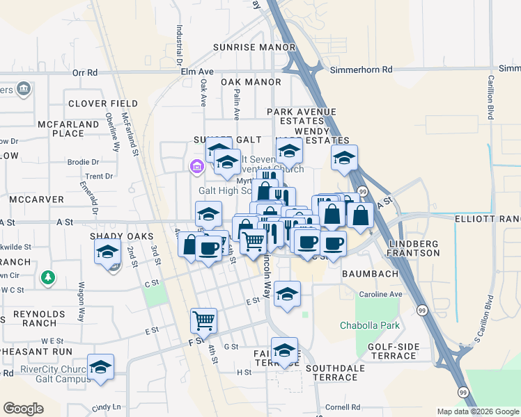 map of restaurants, bars, coffee shops, grocery stores, and more near 130 North Lincoln Way in Galt
