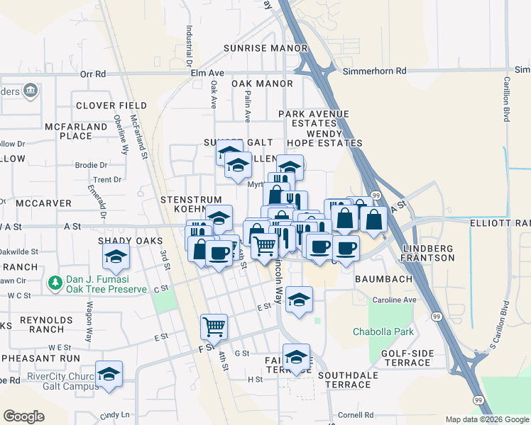 map of restaurants, bars, coffee shops, grocery stores, and more near 113 Palin Avenue in Galt