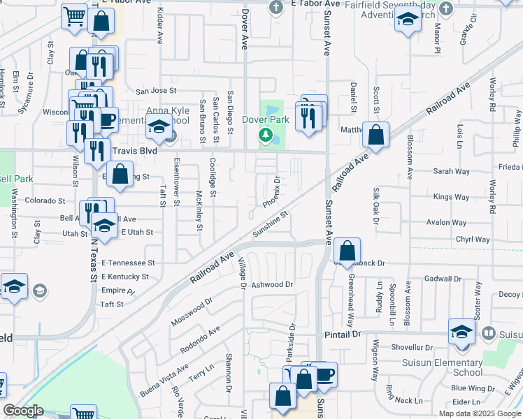 map of restaurants, bars, coffee shops, grocery stores, and more near 1439 Phoenix Drive in Fairfield