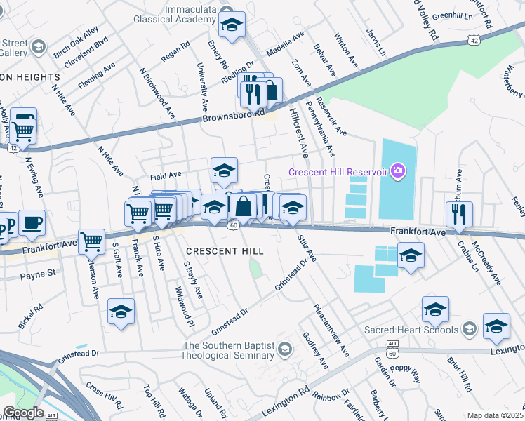 map of restaurants, bars, coffee shops, grocery stores, and more near 126 Crescent Avenue in Louisville