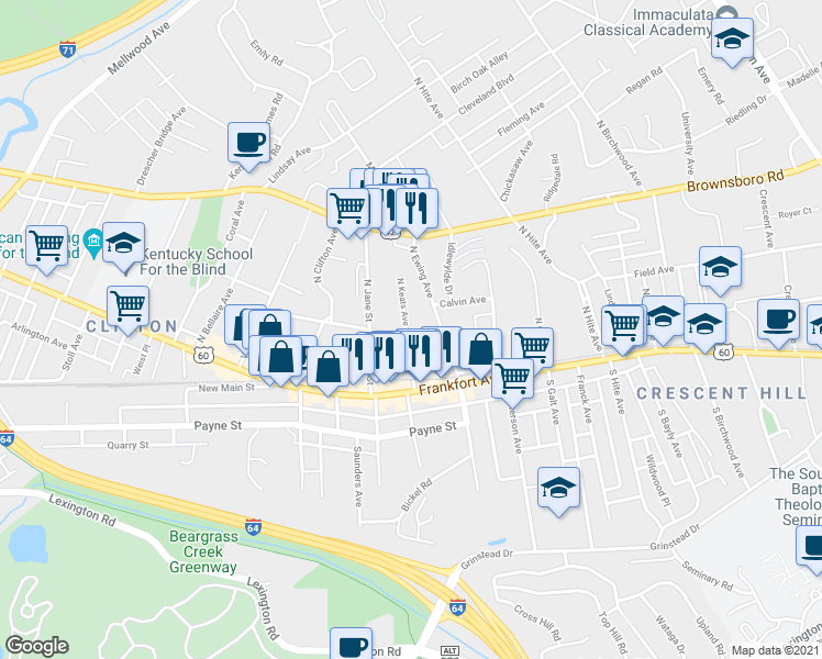 map of restaurants, bars, coffee shops, grocery stores, and more near 144 North Keats Avenue in Louisville