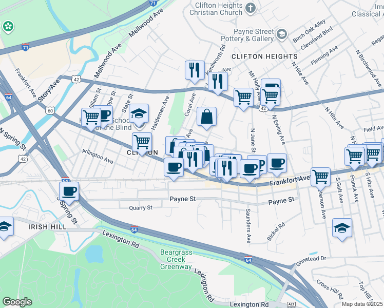 map of restaurants, bars, coffee shops, grocery stores, and more near 141 North Bellaire Avenue in Louisville