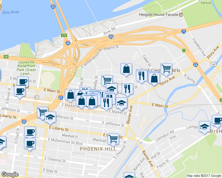 map of restaurants, bars, coffee shops, grocery stores, and more near 844 Franklin Street in Louisville