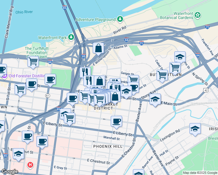 map of restaurants, bars, coffee shops, grocery stores, and more near 812 Branden Klayko Alley in Louisville