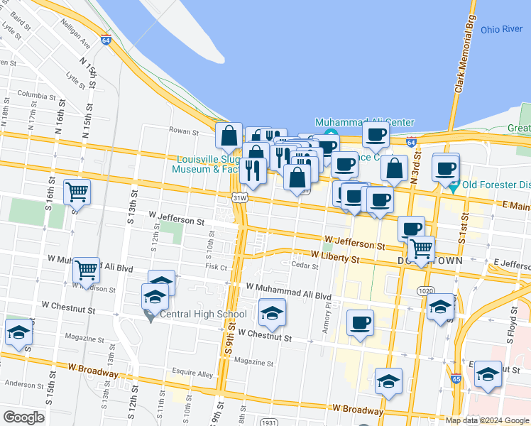 map of restaurants, bars, coffee shops, grocery stores, and more near 809 West Market Street in Louisville