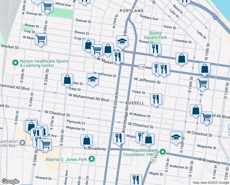 map of restaurants, bars, coffee shops, grocery stores, and more near 2215 Cedar Street in Louisville
