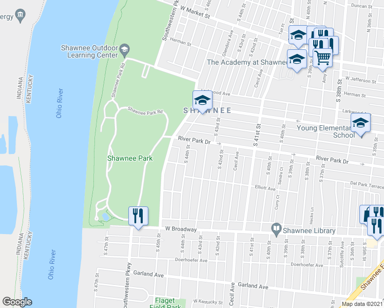 map of restaurants, bars, coffee shops, grocery stores, and more near 4322 River Park Drive in Louisville