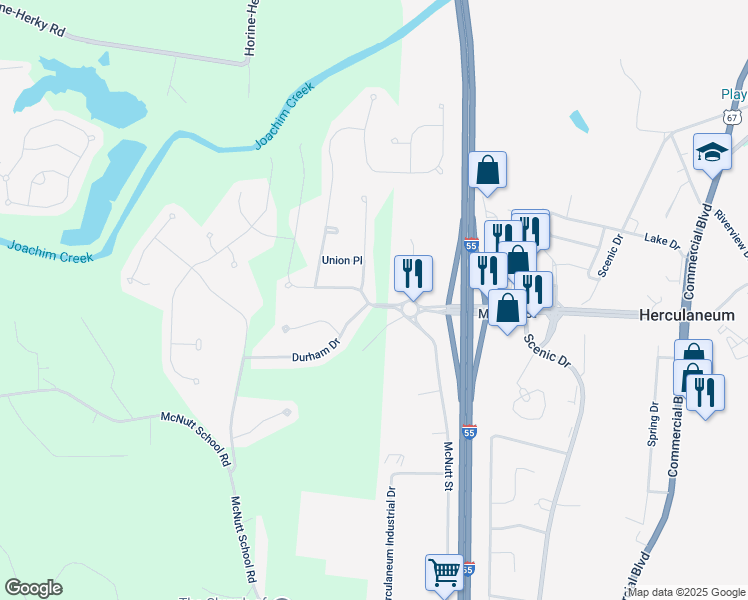 map of restaurants, bars, coffee shops, grocery stores, and more near 1290 Oakholt Court in Herculaneum