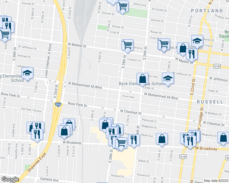 map of restaurants, bars, coffee shops, grocery stores, and more near 2814 West Muhammad Ali Boulevard in Louisville