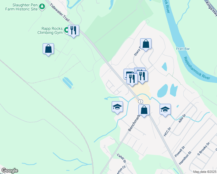 map of restaurants, bars, coffee shops, grocery stores, and more near 2915 Broyhill Court in Fredericksburg