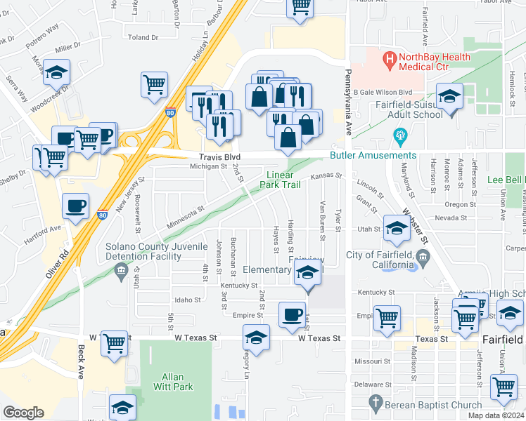 map of restaurants, bars, coffee shops, grocery stores, and more near 1124 2nd Street in Fairfield