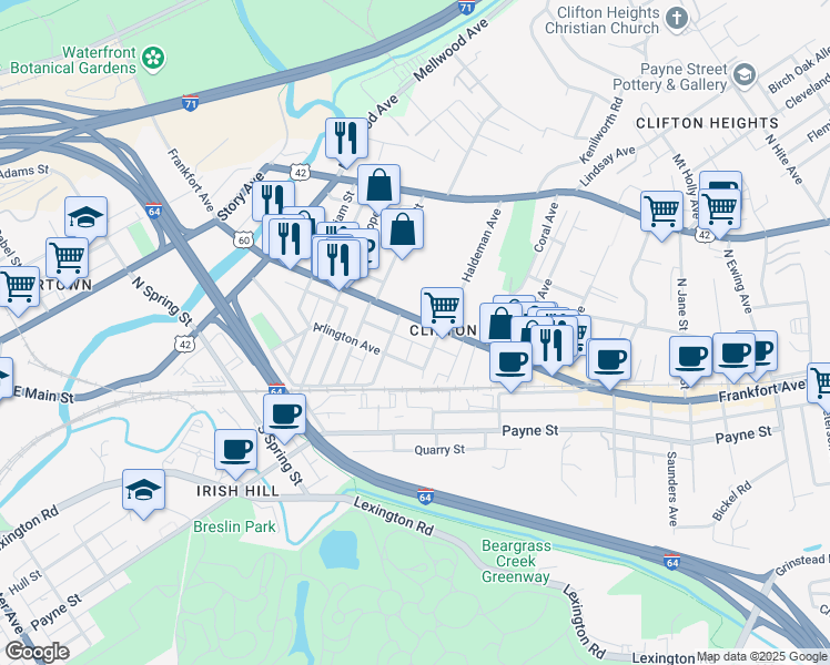 map of restaurants, bars, coffee shops, grocery stores, and more near 1848 Frankfort Avenue in Louisville