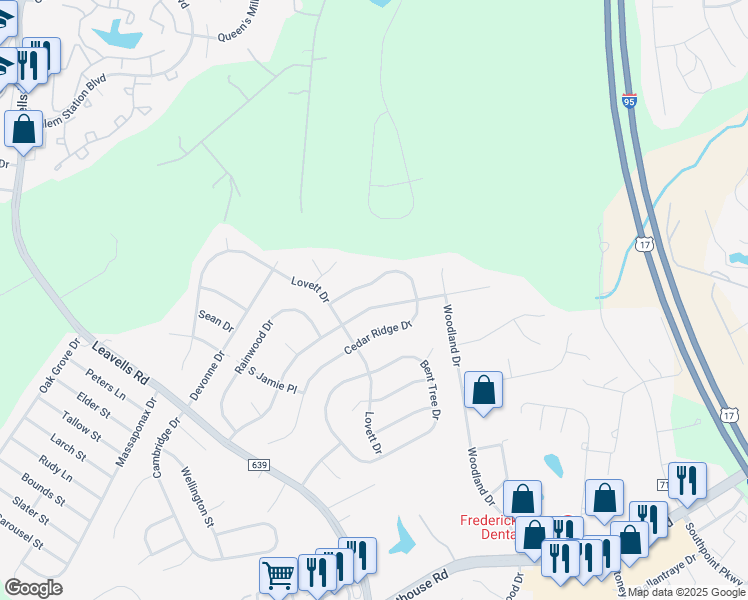 map of restaurants, bars, coffee shops, grocery stores, and more near 5311 Leavells Crossing Drive in Fredericksburg