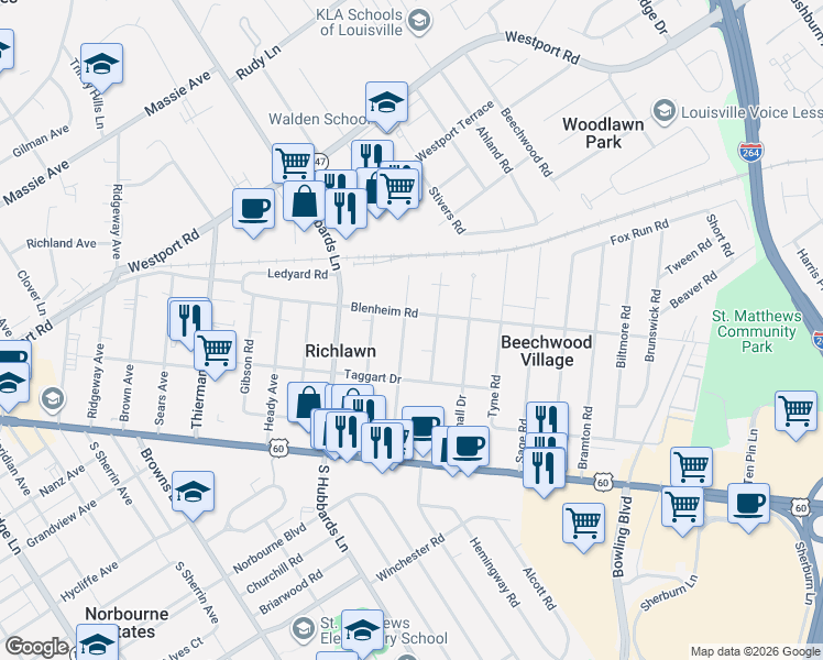 map of restaurants, bars, coffee shops, grocery stores, and more near 301 McArthur Drive in Louisville