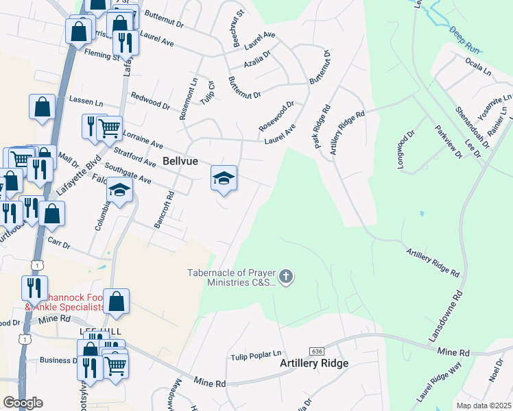 map of restaurants, bars, coffee shops, grocery stores, and more near 10817 Ann Davis Drive in Fredericksburg