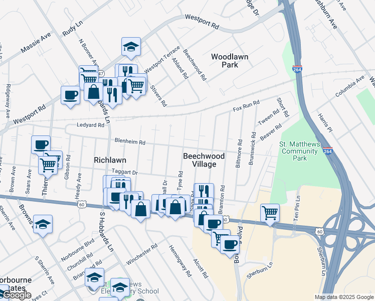 map of restaurants, bars, coffee shops, grocery stores, and more near 4426 Blenheim Road in Louisville