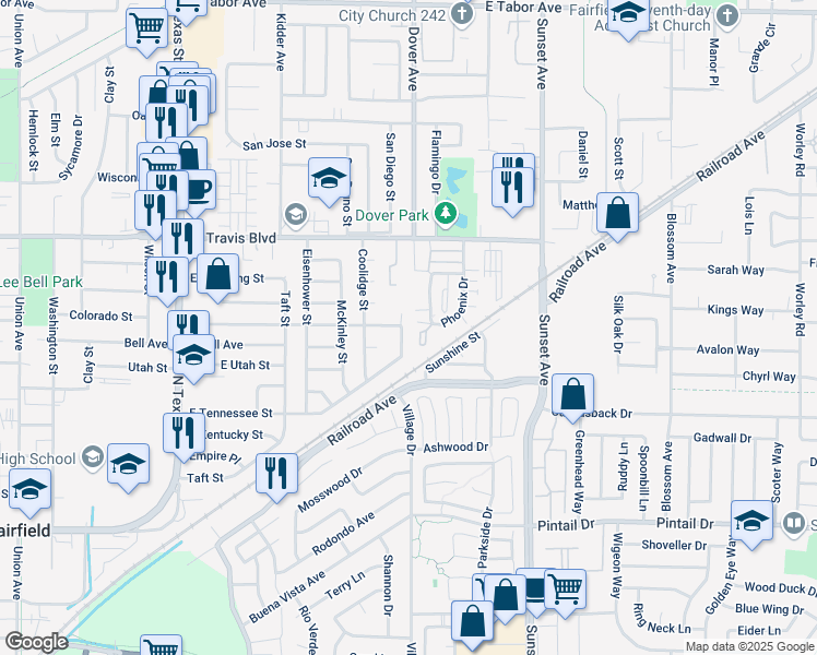 map of restaurants, bars, coffee shops, grocery stores, and more near 1230 East Tennessee Street in Fairfield