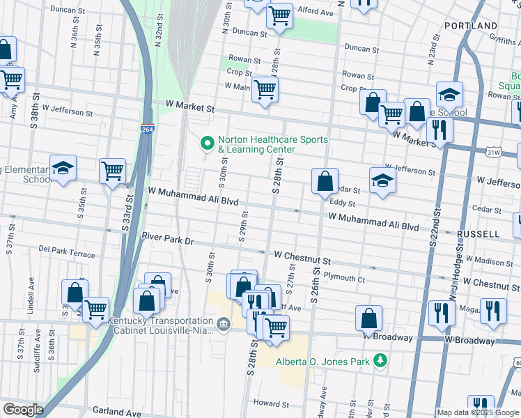 map of restaurants, bars, coffee shops, grocery stores, and more near 2831 West Muhammad Ali Boulevard in Louisville