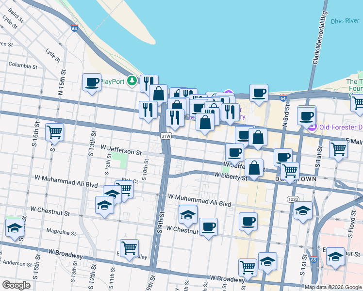 map of restaurants, bars, coffee shops, grocery stores, and more near 214 South 8th Street in Louisville