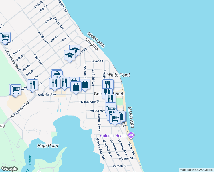 map of restaurants, bars, coffee shops, grocery stores, and more near 520 Washington Avenue in Colonial Beach
