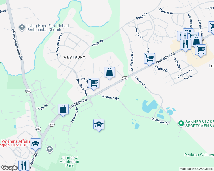 map of restaurants, bars, coffee shops, grocery stores, and more near 21403 Great Mills Road in Lexington Park