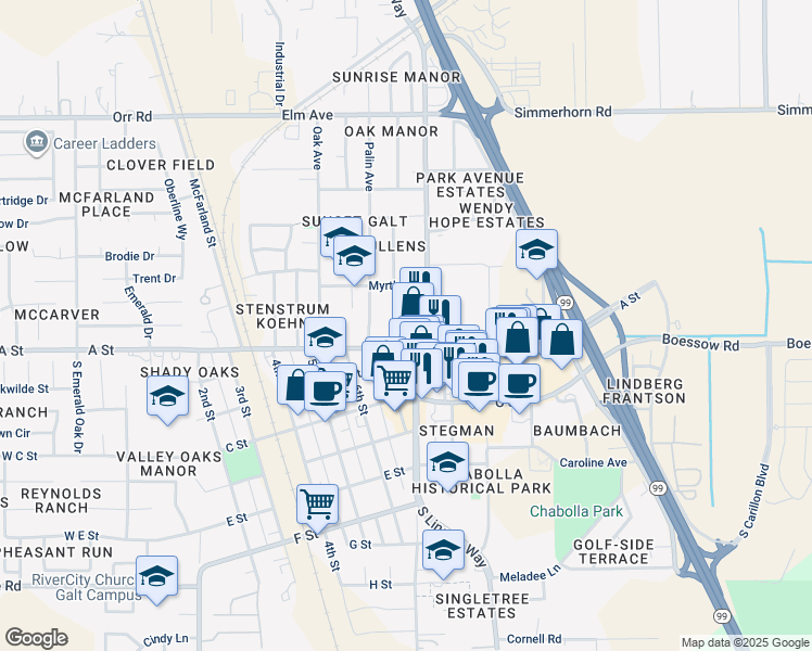 map of restaurants, bars, coffee shops, grocery stores, and more near 130 North Lincoln Way in Galt