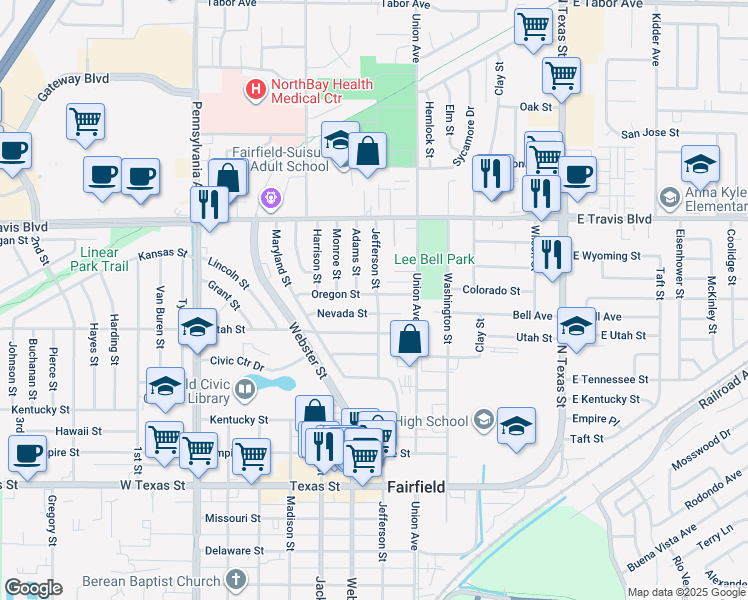 map of restaurants, bars, coffee shops, grocery stores, and more near 1320 Adams Street in Fairfield