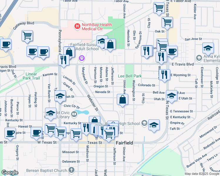 map of restaurants, bars, coffee shops, grocery stores, and more near 1320 Adams Street in Fairfield
