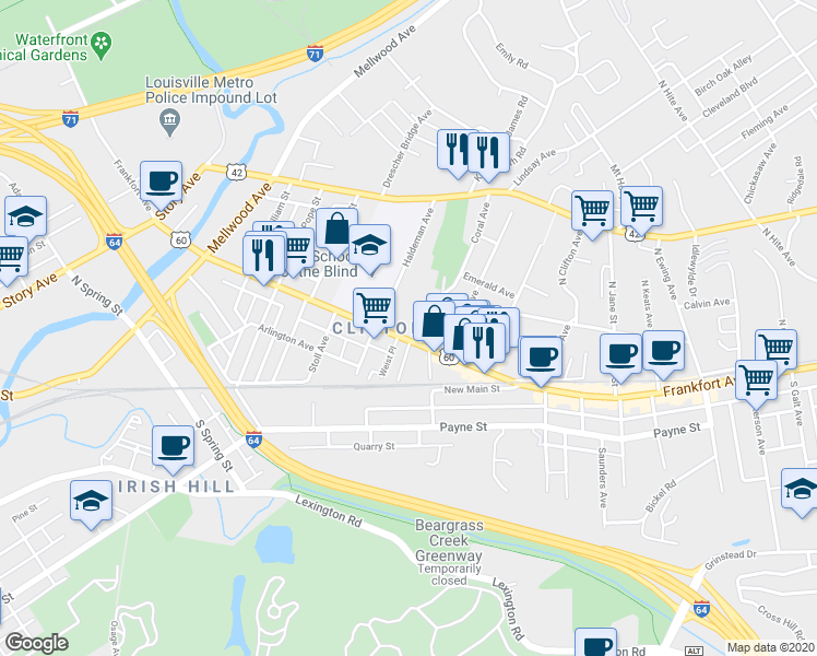 map of restaurants, bars, coffee shops, grocery stores, and more near 1927 Frankfort Avenue in Louisville