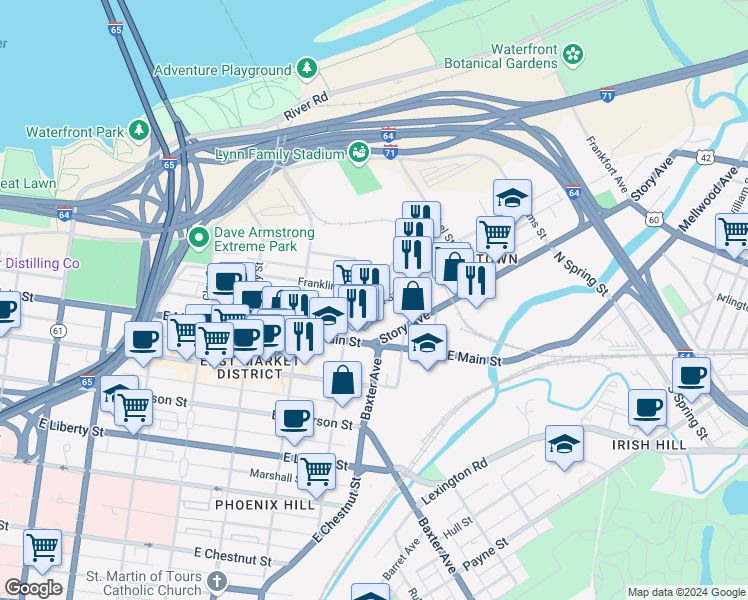 map of restaurants, bars, coffee shops, grocery stores, and more near 1018 Franklin Street in Louisville
