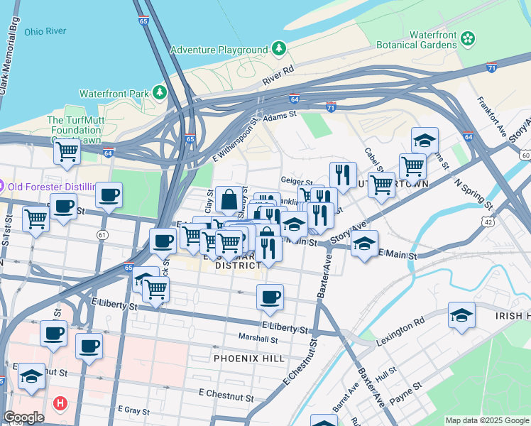 map of restaurants, bars, coffee shops, grocery stores, and more near 844 Franklin Street in Louisville