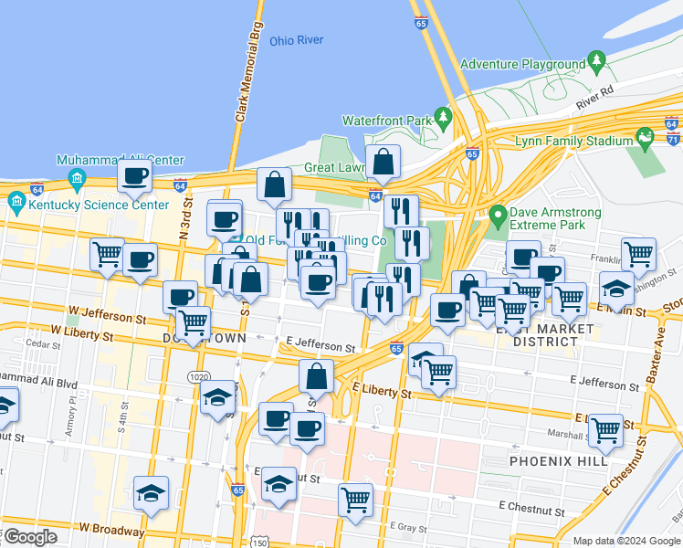 map of restaurants, bars, coffee shops, grocery stores, and more near 301 East Main Street in Louisville