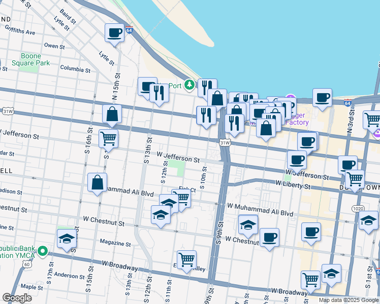 map of restaurants, bars, coffee shops, grocery stores, and more near 200-216 South 11th Street in Louisville