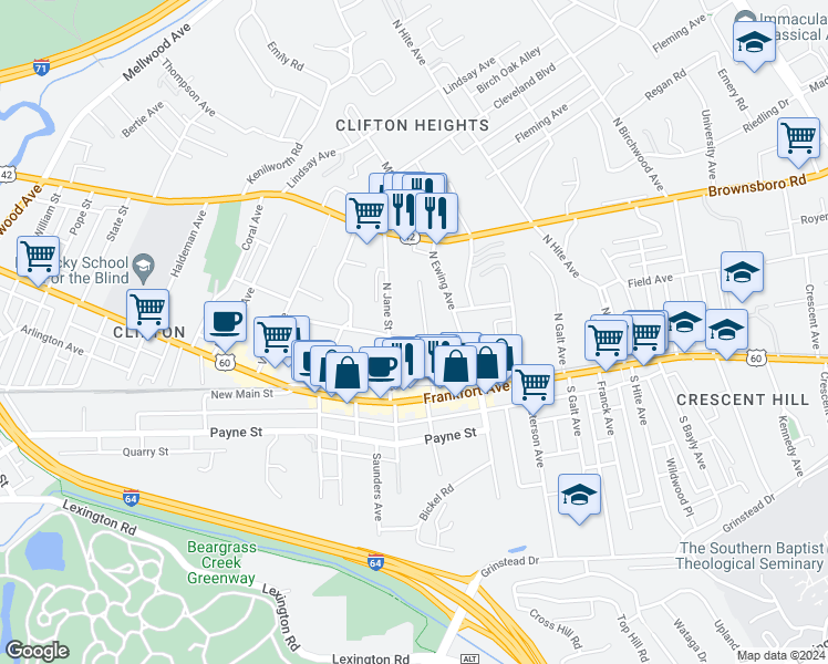 map of restaurants, bars, coffee shops, grocery stores, and more near 2323 Sycamore Avenue in Louisville