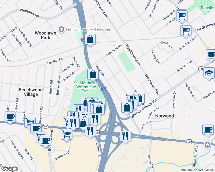 map of restaurants, bars, coffee shops, grocery stores, and more near 534 Harris Place in Louisville