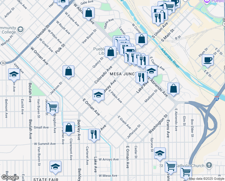 map of restaurants, bars, coffee shops, grocery stores, and more near 329 Broadway Avenue in Pueblo
