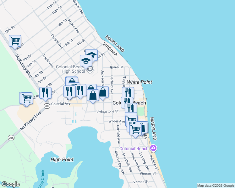 map of restaurants, bars, coffee shops, grocery stores, and more near 219 Franklin Street in Colonial Beach