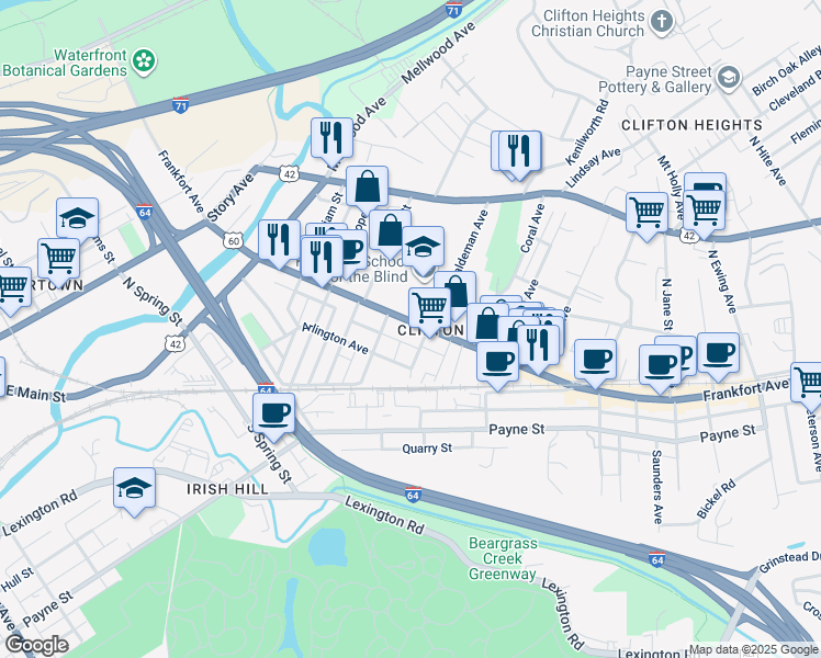 map of restaurants, bars, coffee shops, grocery stores, and more near 1870 Frankfort Avenue in Louisville