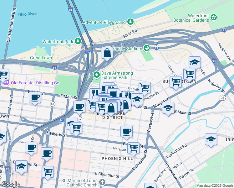 map of restaurants, bars, coffee shops, grocery stores, and more near 803 East Washington Street in Louisville