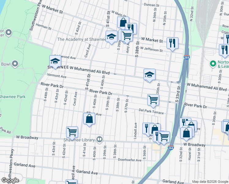 map of restaurants, bars, coffee shops, grocery stores, and more near 3820 Vermont Avenue in Louisville