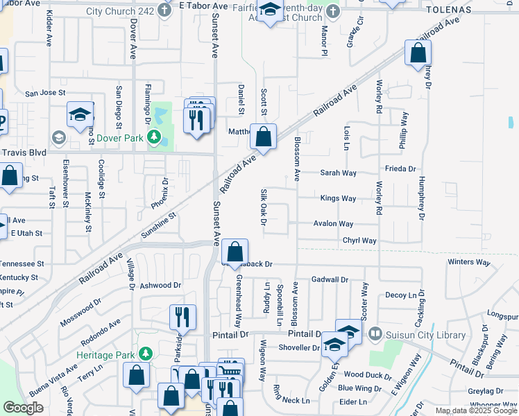 map of restaurants, bars, coffee shops, grocery stores, and more near 1190 Silk Oak Drive in Suisun City