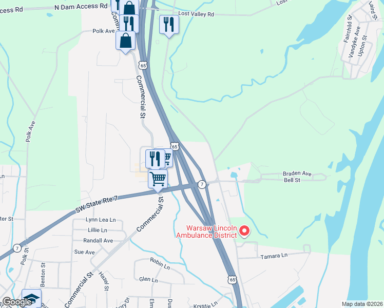 map of restaurants, bars, coffee shops, grocery stores, and more near 1630 Main Street in Warsaw