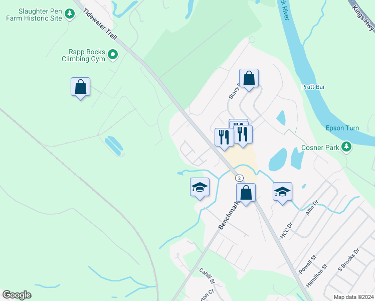 map of restaurants, bars, coffee shops, grocery stores, and more near 2907 Broyhill Court in Fredericksburg