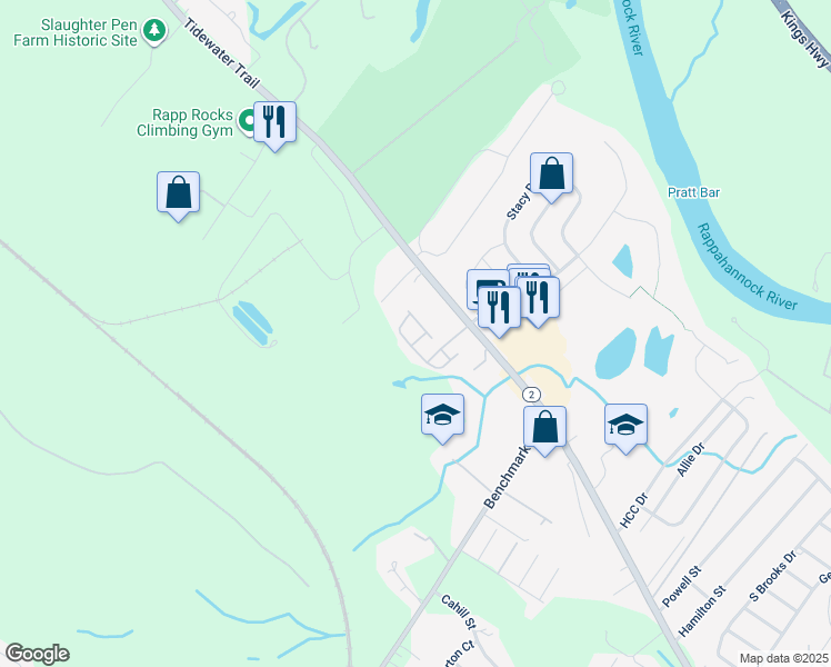 map of restaurants, bars, coffee shops, grocery stores, and more near 2907 Broyhill Court in Fredericksburg