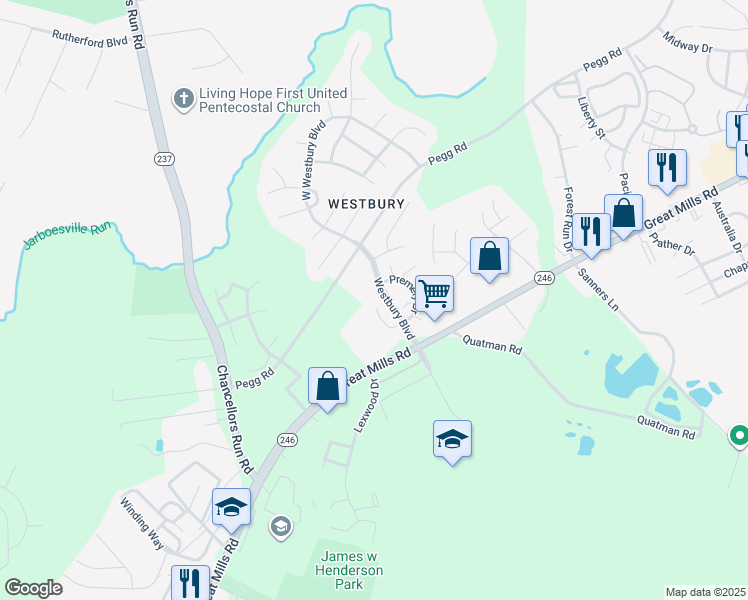 map of restaurants, bars, coffee shops, grocery stores, and more near 21406 Carmen Woods Drive in Lexington Park