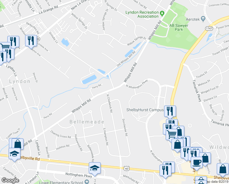 map of restaurants, bars, coffee shops, grocery stores, and more near 8904 Whipps Mill Road in Louisville