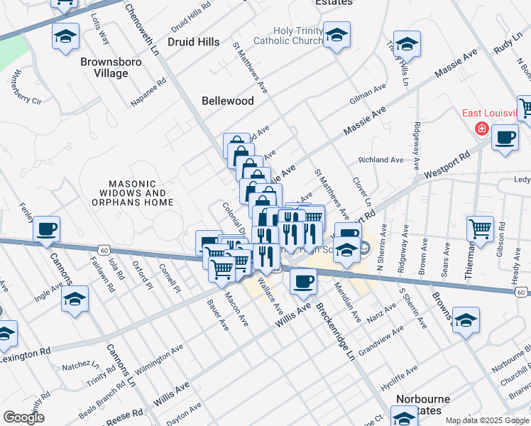 map of restaurants, bars, coffee shops, grocery stores, and more near 153 Chenoweth Lane in Louisville