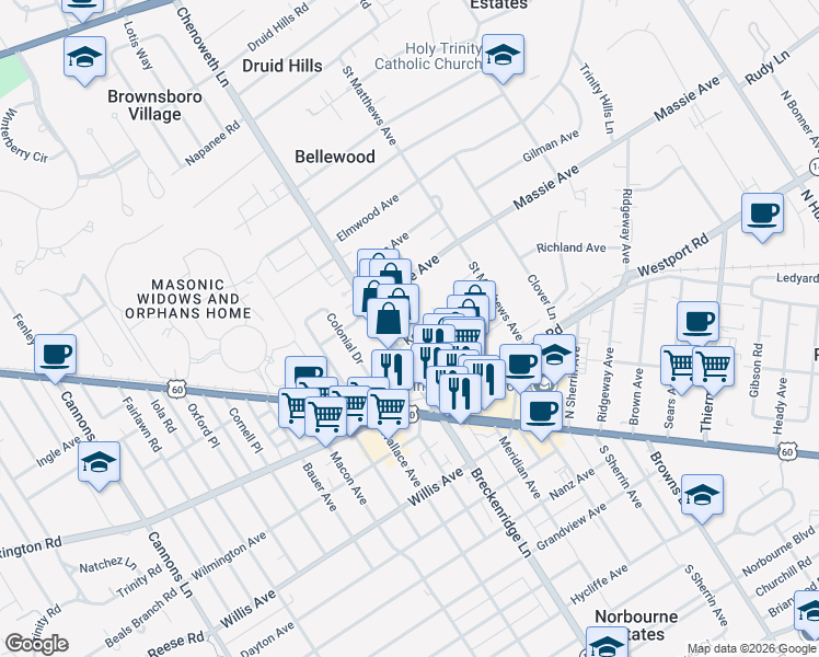 map of restaurants, bars, coffee shops, grocery stores, and more near 3917 Kennison Avenue in Louisville