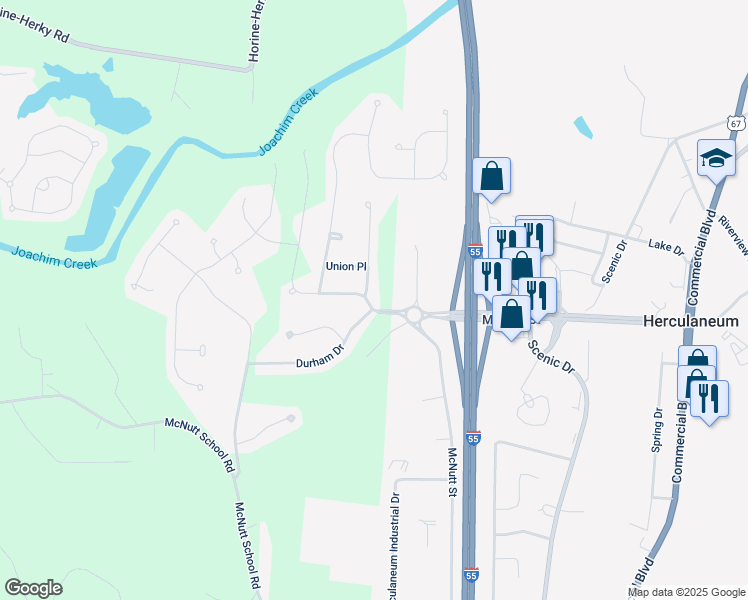 map of restaurants, bars, coffee shops, grocery stores, and more near 951 Providence Way in Herculaneum