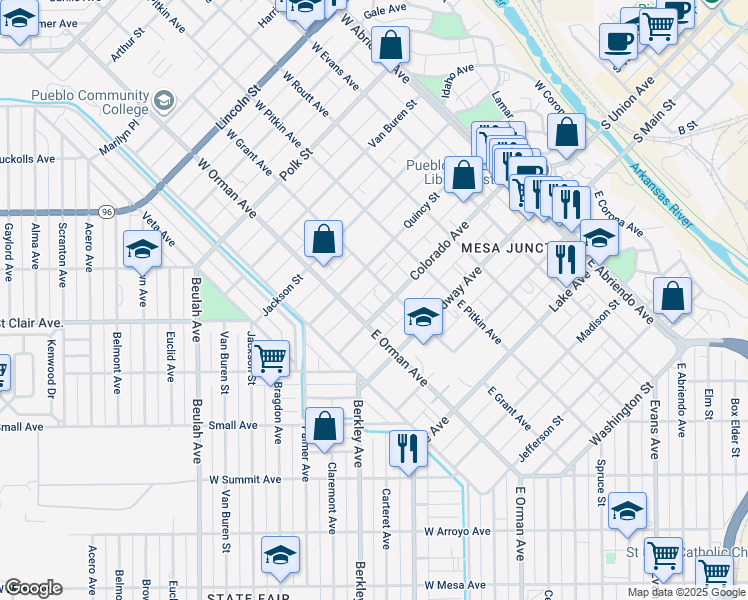 map of restaurants, bars, coffee shops, grocery stores, and more near 101 West Grant Avenue in Pueblo